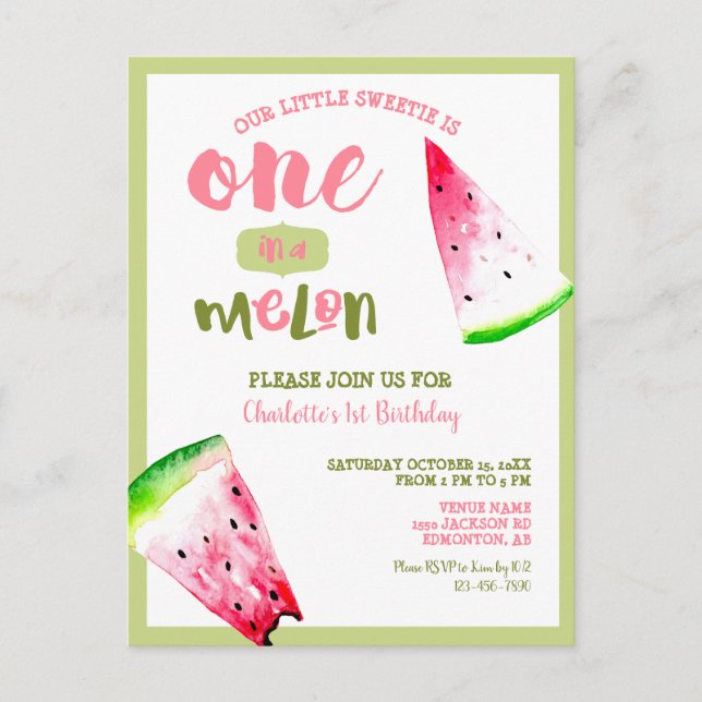 Carte Postale Cute One in a Melon 1er Anniversaire Rose Green (Devant)