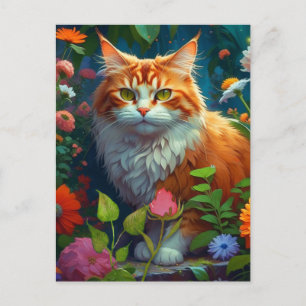 Carte Postale Cute Orange Chat en Fleurs Garder le contact