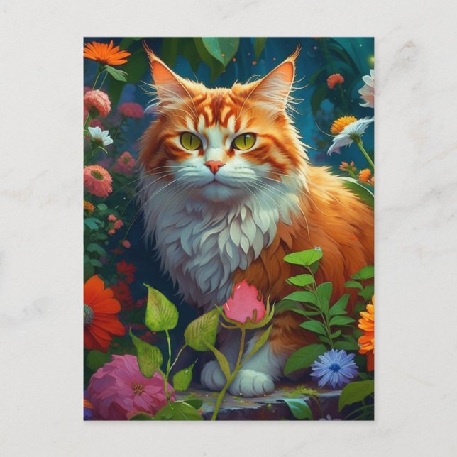 Carte Postale Cute Orange Chat en Fleurs Garder le contact (Devant)