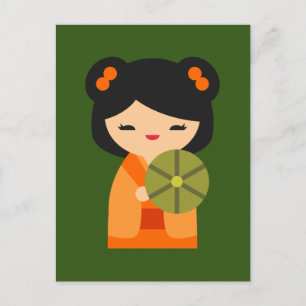 Carte Postale Cute orange Kokeshi poupées japonaises