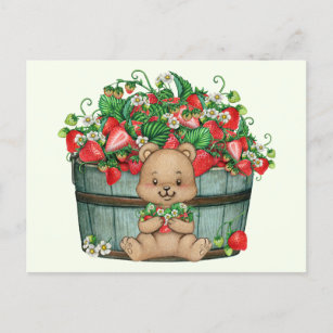 Carte Postale Cute ours en tourbe et panier de fraises rustique