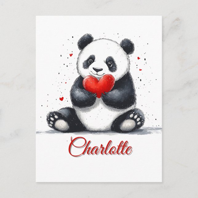 Carte Postale Cute Panda Holding Heart avec nom personnalisable (Devant)