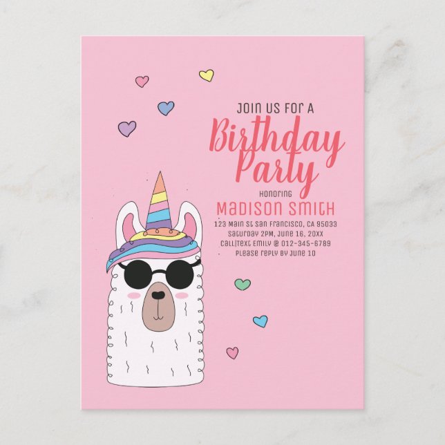 Carte Postale Cute Party Llamacorn Invitation Anniversaire (Devant)