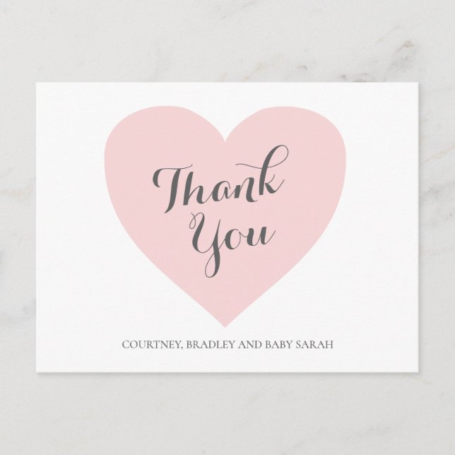Carte Postale Cute Pastel Coeur Rose fille Baby shower Merci (Devant)