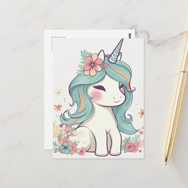 Carte Postale Cute Pastel Kawaii Unicorn (Devant/Arrière en situation)