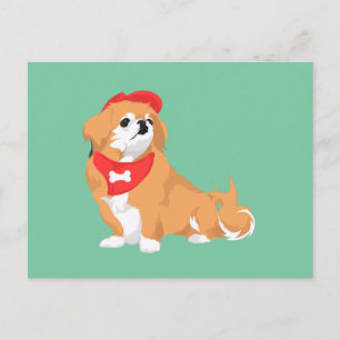 Carte Postale Cute Pekingese avec Casquette rouge et chien Bone 