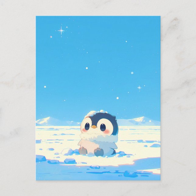 Carte Postale Cute Penguin Chick in Starry Arctic Landscape (Devant)
