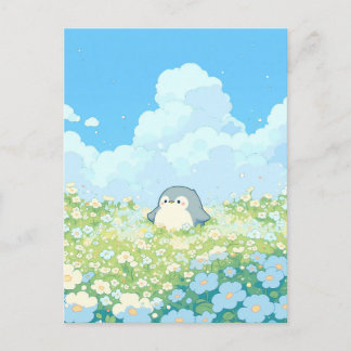 Carte Postale Cute Penguin in Blue and White Meadow