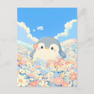 Carte Postale Cute Penguin in Colorful Spring Meadow