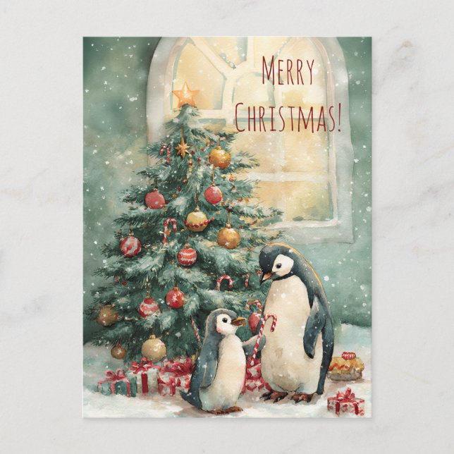 Carte Postale Cute penguins decorates Christmas tree, Christmas  (Devant)