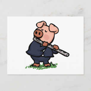 Carte Postale Cute Pig jouant de la bande dessinée de flûte   ch
