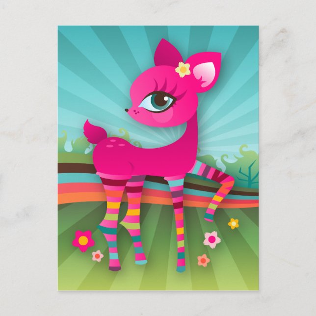 Carte postale Cute Pink Deerie in Rainbow Stocking (Devant)