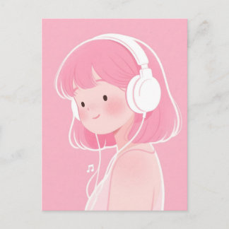 Carte Postale Cute Pink-Haired Girl Listening to Music