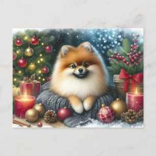 Carte Postale Cute Pomeranian Cosy Aquarelle Art hiver