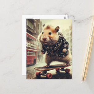 Carte Postale Cute Punk Skateboard Hamster Doubledecker Bus