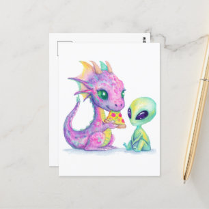 Carte Postale Cute Purple Dragon Bébé Manger Pizza Avec Alien