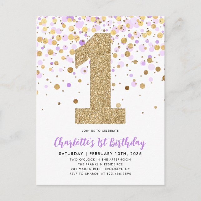 Carte Postale Cute Purple Gold Parties scintillant Confetti 1er  (Devant)