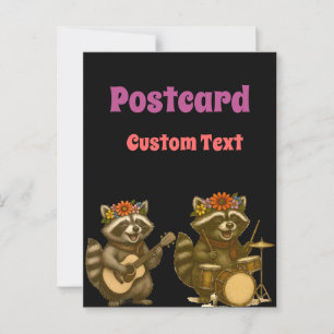Carte Postale Cute Raccoon Musique Lover Jouer Guitare & Drum