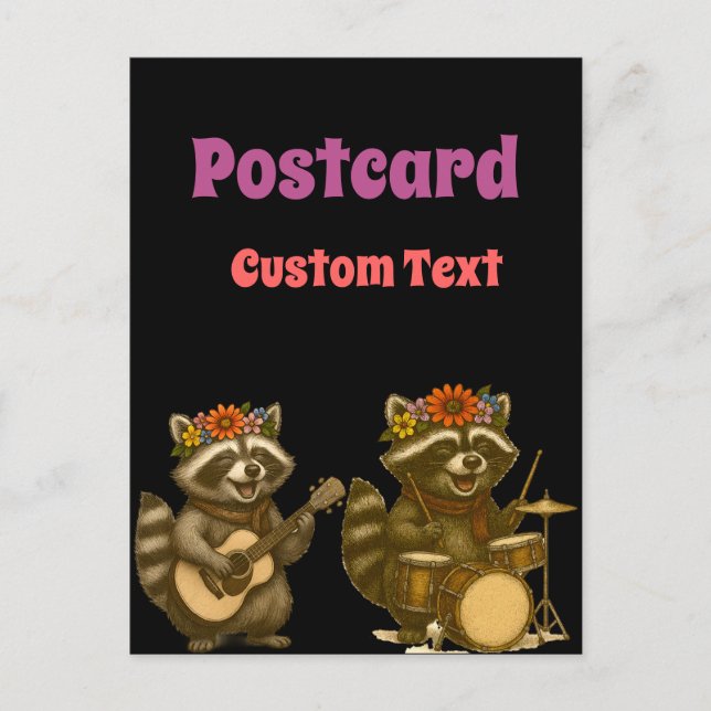 Carte Postale Cute Raccoon Musique Lover Jouer Guitare & Drum (Devant)