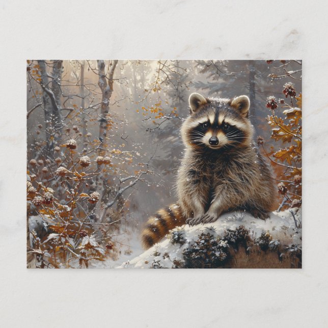 Carte Postale Cute Raccoon pendant la peinture à l'huile d'hiver (Devant)