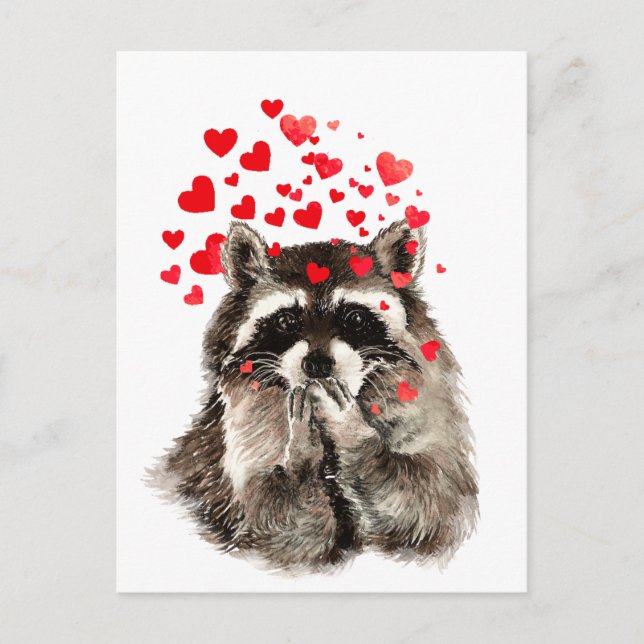 Carte Postale Cute Raccoon souffler Baisers Amour Coeurs (Devant)