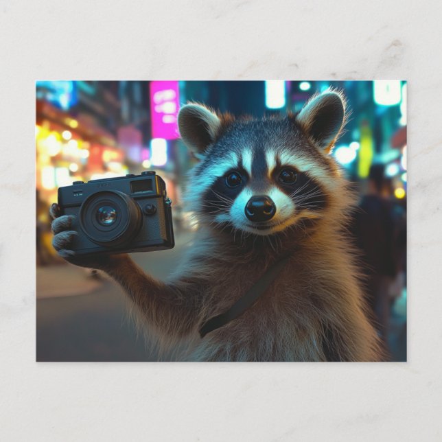 Carte Postale Cute Racoon avec caméra dans une grande ville (Devant)