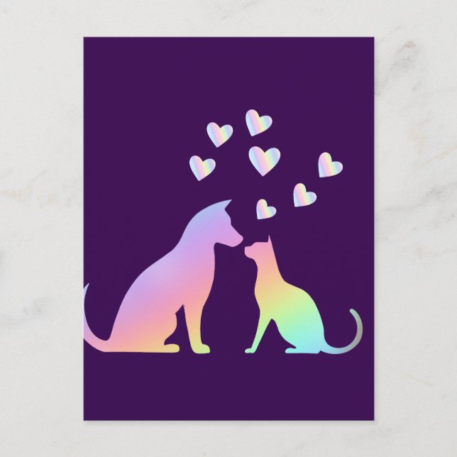 Carte Postale Cute Rainbow Cat and Dog Silhouette Love Purple To (Devant)