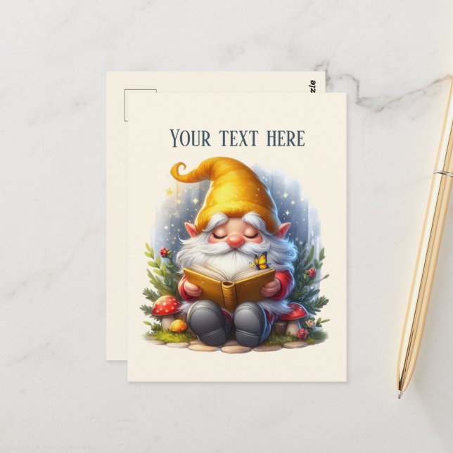 Carte Postale Cute reading gnome customizable (Devant/Arrière en situation)