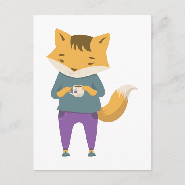 Carte Postale Cute renard avec tasse de thé (Devant)