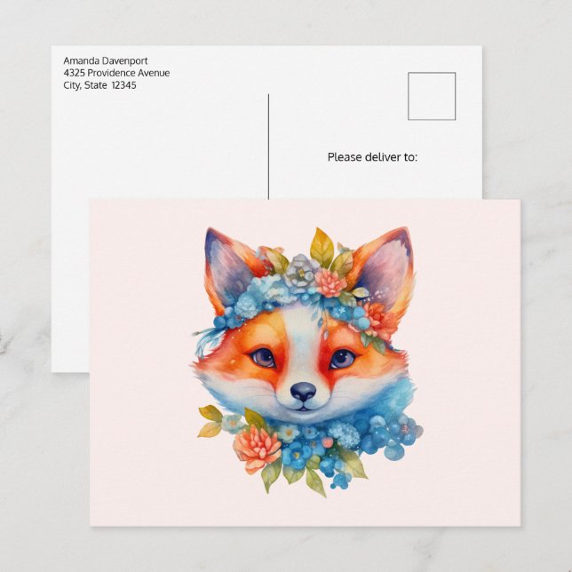 Carte Postale Cute Renard orange avec Couronne florale (Devant / Derrière)