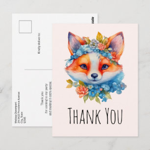 Carte Postale Cute Renard orange avec Merci de couronne floral