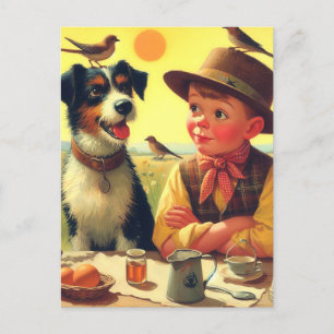 Carte Postale Cute Retro Chien et Enfants Peinture
