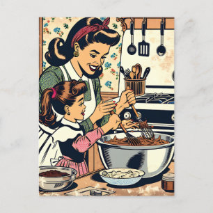 Carte Postale Cute Retro Maman et Fille Cuisiner ensemble
