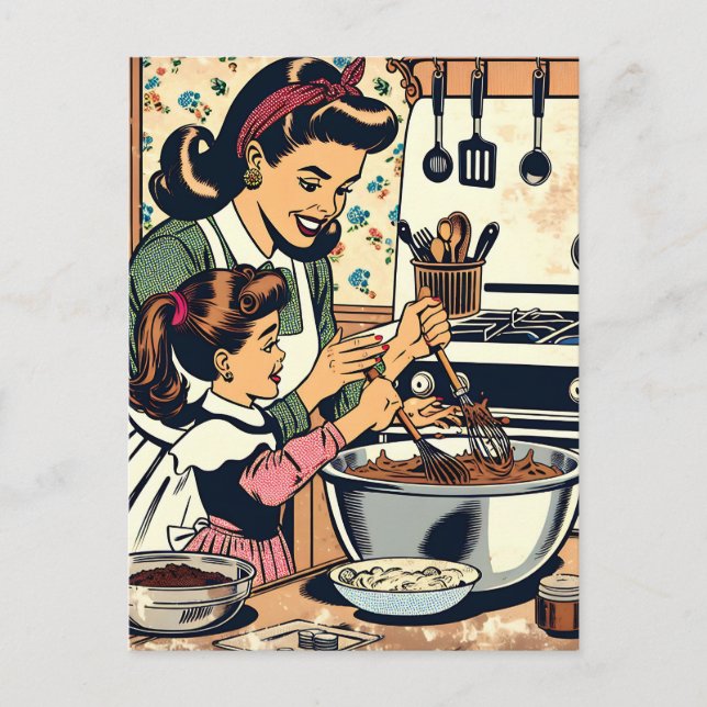 Carte Postale Cute Retro Maman et Fille Cuisiner ensemble (Devant)