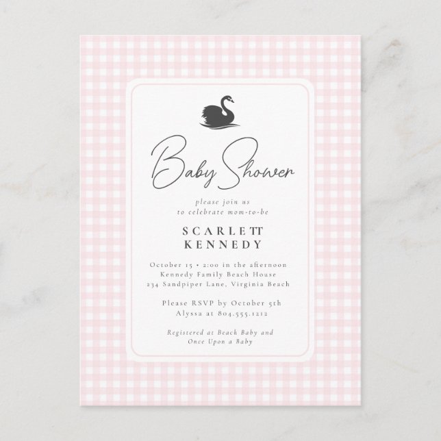 Carte Postale Cute Rose En vichy Swan Baby shower simple (Devant)