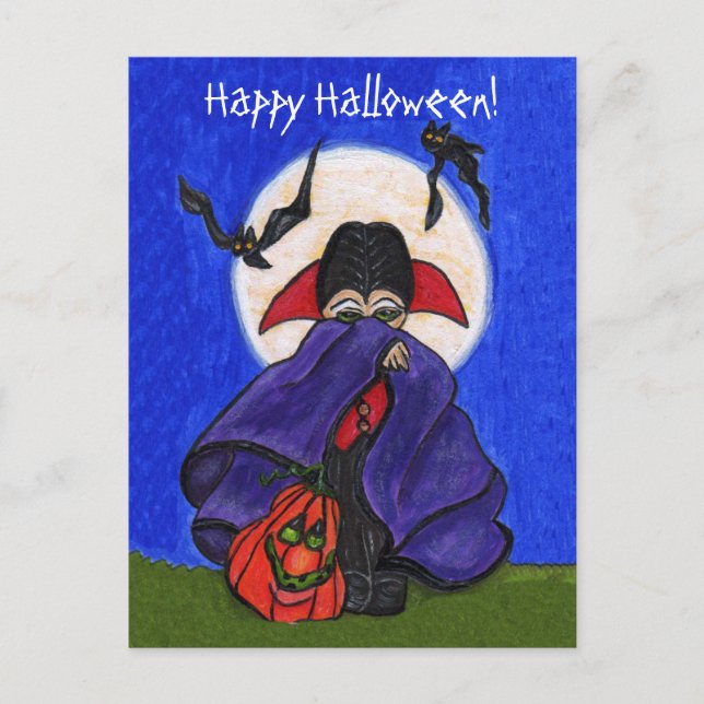 Carte Postale Cute Shy Vampire Purple Cape Citrouille Souriant c (Devant)