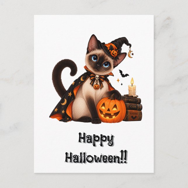 Carte Postale Cute Siamese Cat Witch Halloween (Devant)