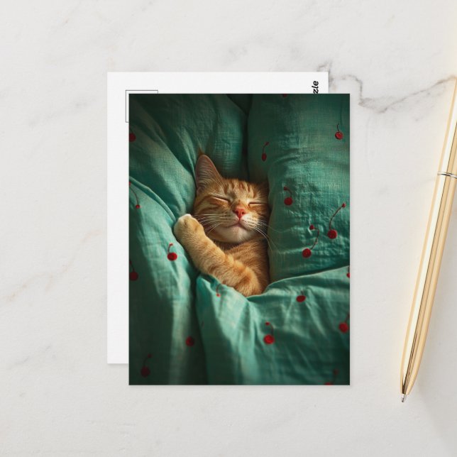 Carte Postale Cute Sleepy Ginger Kitty  (Devant/Arrière en situation)
