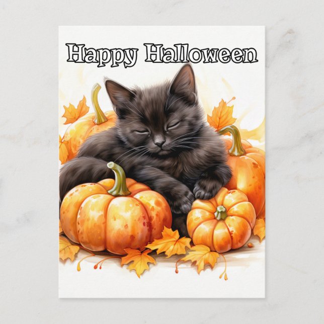 Carte Postale Cute Sleepy Little Black Halloween Kitten (Devant)
