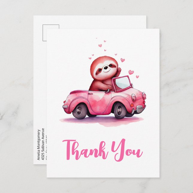 Carte Postale Cute Sloth in a Pink Convertible Thank You (Devant / Derrière)