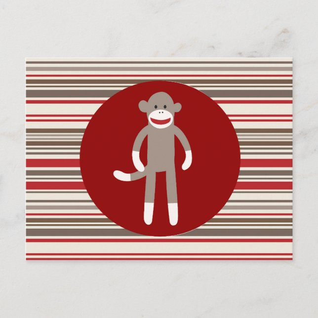 Carte Postale Cute Sock Monkey on Red Circle Red Brown Stripes (Devant)