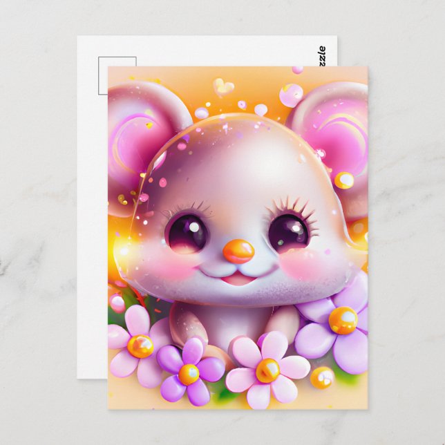 Carte Postale Cute souris rose Kawaii (Devant / Derrière)