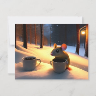 Carte Postale Cute souris se réchauffer avec du café