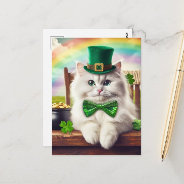 Carte Postale Cute St. Patricks Day Chat Rainbow Pot d'or (Devant/Arrière en situation)