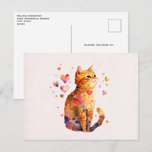 Carte Postale Cute Tabby Chat avec Coeurs