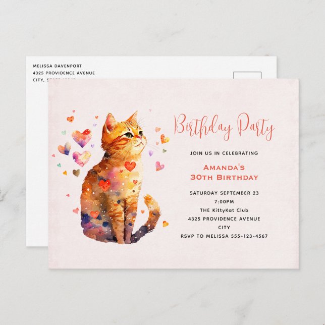 Carte Postale Cute Tabby Chat avec Coeurs Anniversaire Invitatio (Devant / Derrière)