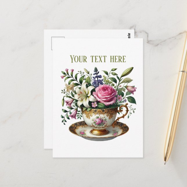 Carte Postale Cute teacup flowers customizable  (Devant/Arrière en situation)