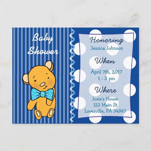 Carte Postale Cute Teddy Bear Baby shower bleu Invitation (Devant)