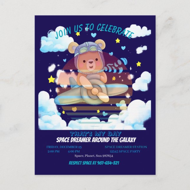 Carte Postale Cute Teddy Bear Pilot Airplane Art (Devant)