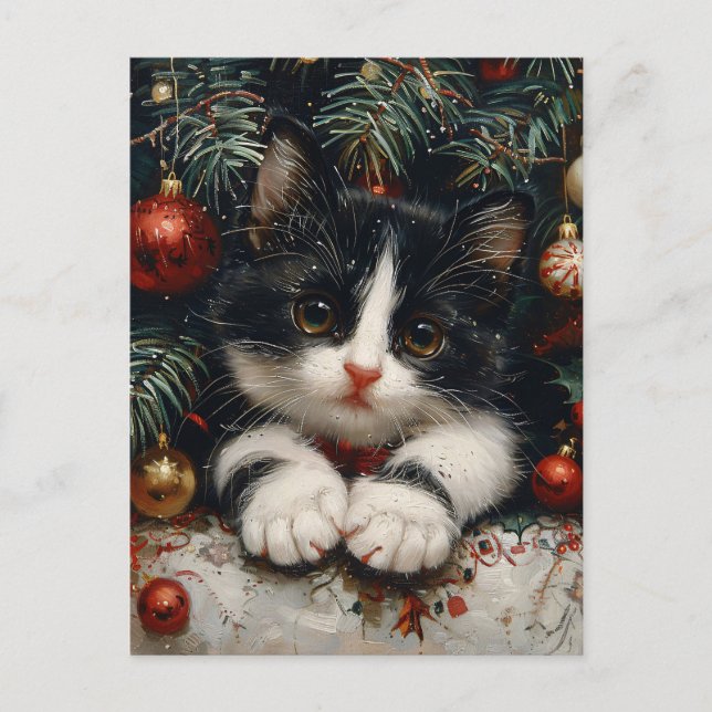 Carte Postale Cute Tuxedo Kitten Christmas Chat Art (Devant)